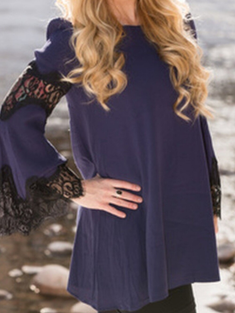 Do+Be Navy Lace Bell Sleeve A-Line Dress Size Medium